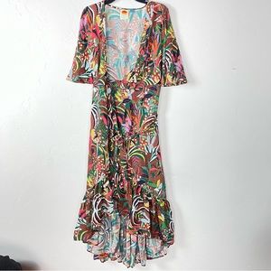 Anthropologie x Farm Rio Dress Hilo Maxi Wrap Tie Floral Knit Brown Animal Print